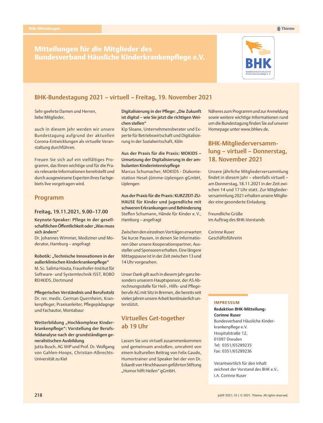Vorschauseite 1: BHK-Bundestagung 2021 – virtuell – Freitag, 19. November 2021