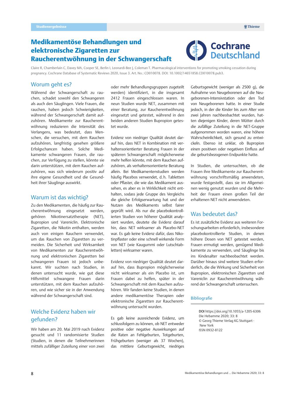 Vorschauseite 1: Medikamentöse Behandlungen und elektronische Zigaretten zur Raucherentwöhnung in der Schwangerschaft