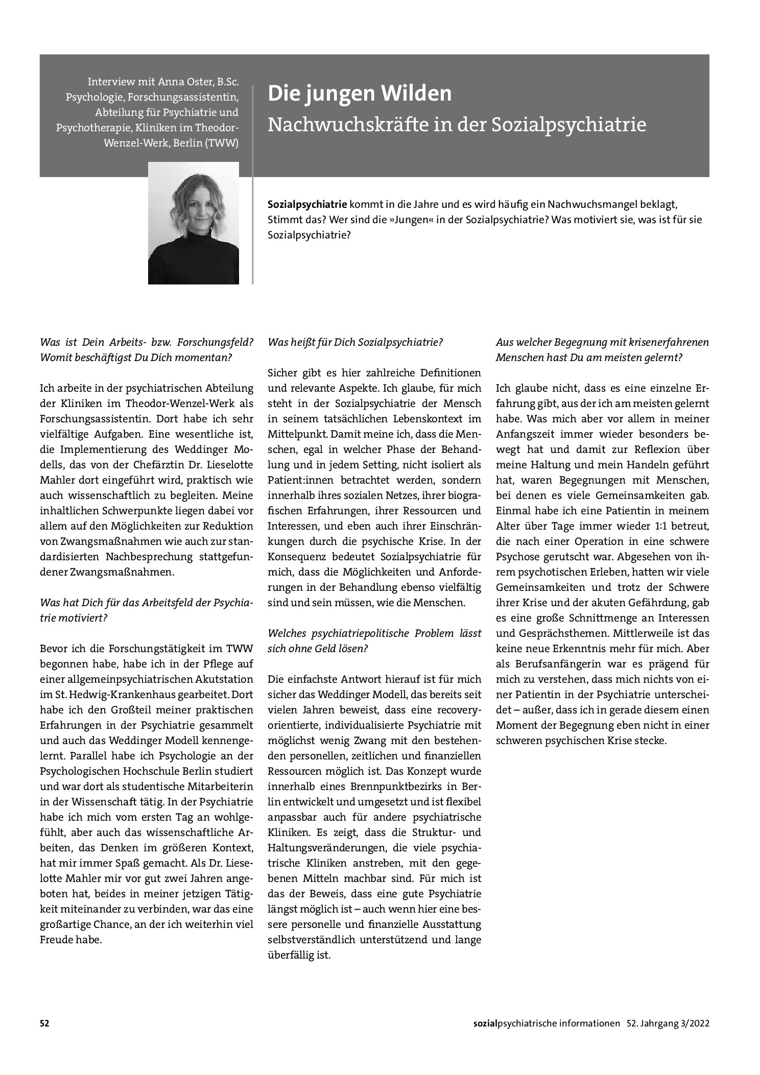Vorschauseite 1: Interview mit Anna Oster, B.Sc. Psychologie, Forschungsassistentin, Die jungen Wilden. Nachwuchskräfte in der Sozialpsychiatrie