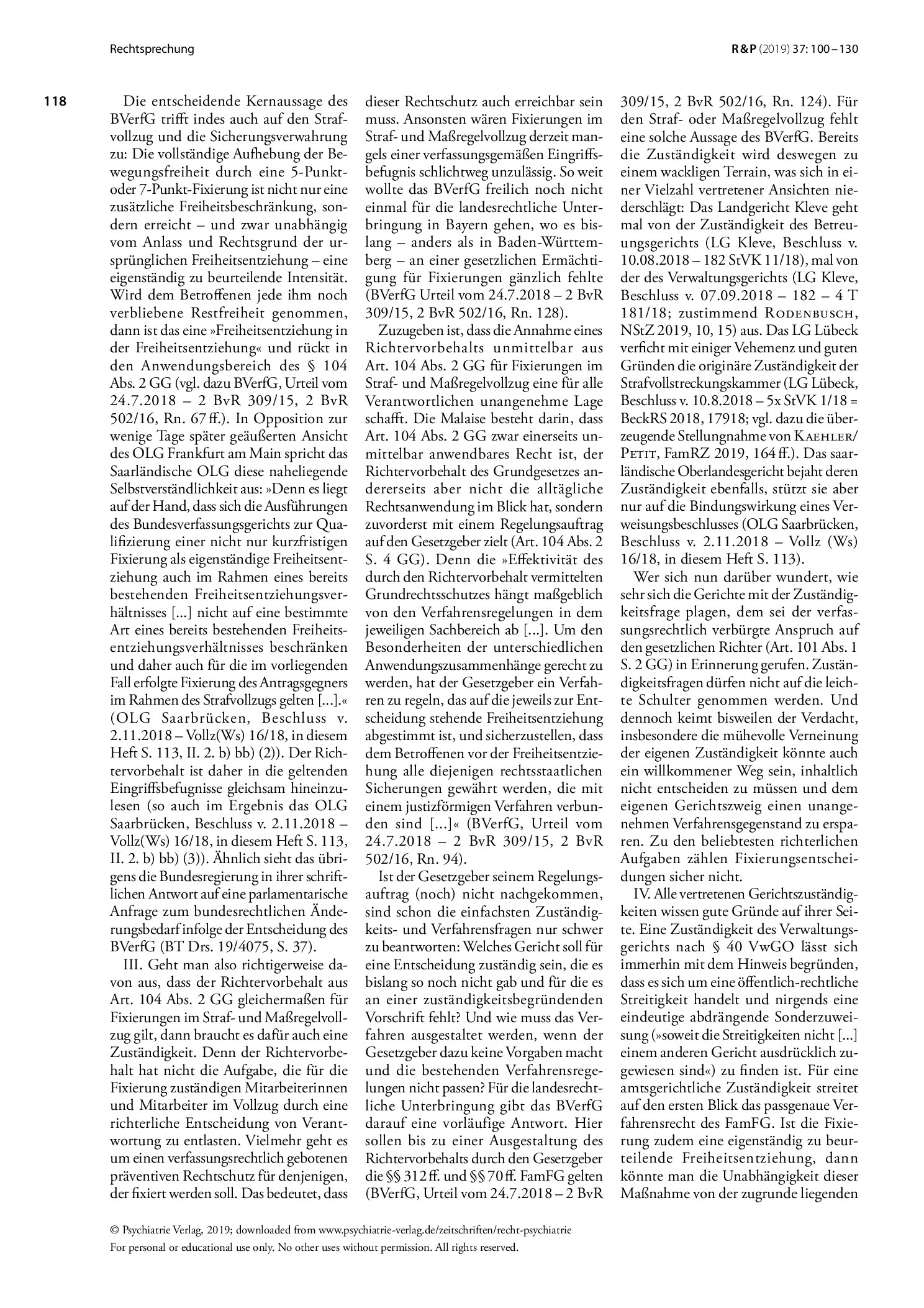 Vorschauseite 3: Anordnung und Genehmigung von Fixierungen im Maßregelvollzug; Richtervorbehalt