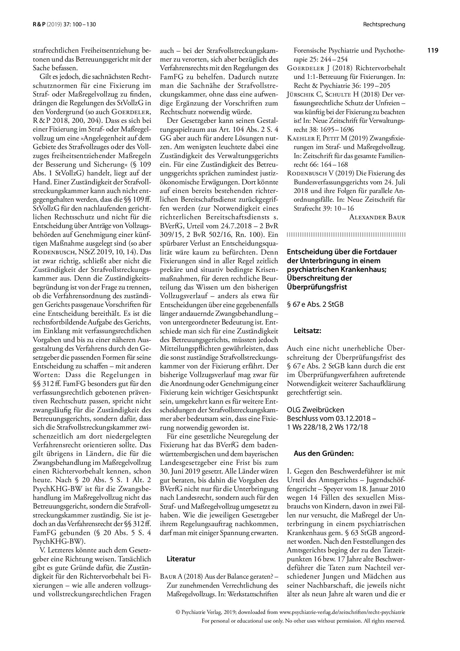 Vorschauseite 4: Anordnung und Genehmigung von Fixierungen im Maßregelvollzug; Richtervorbehalt