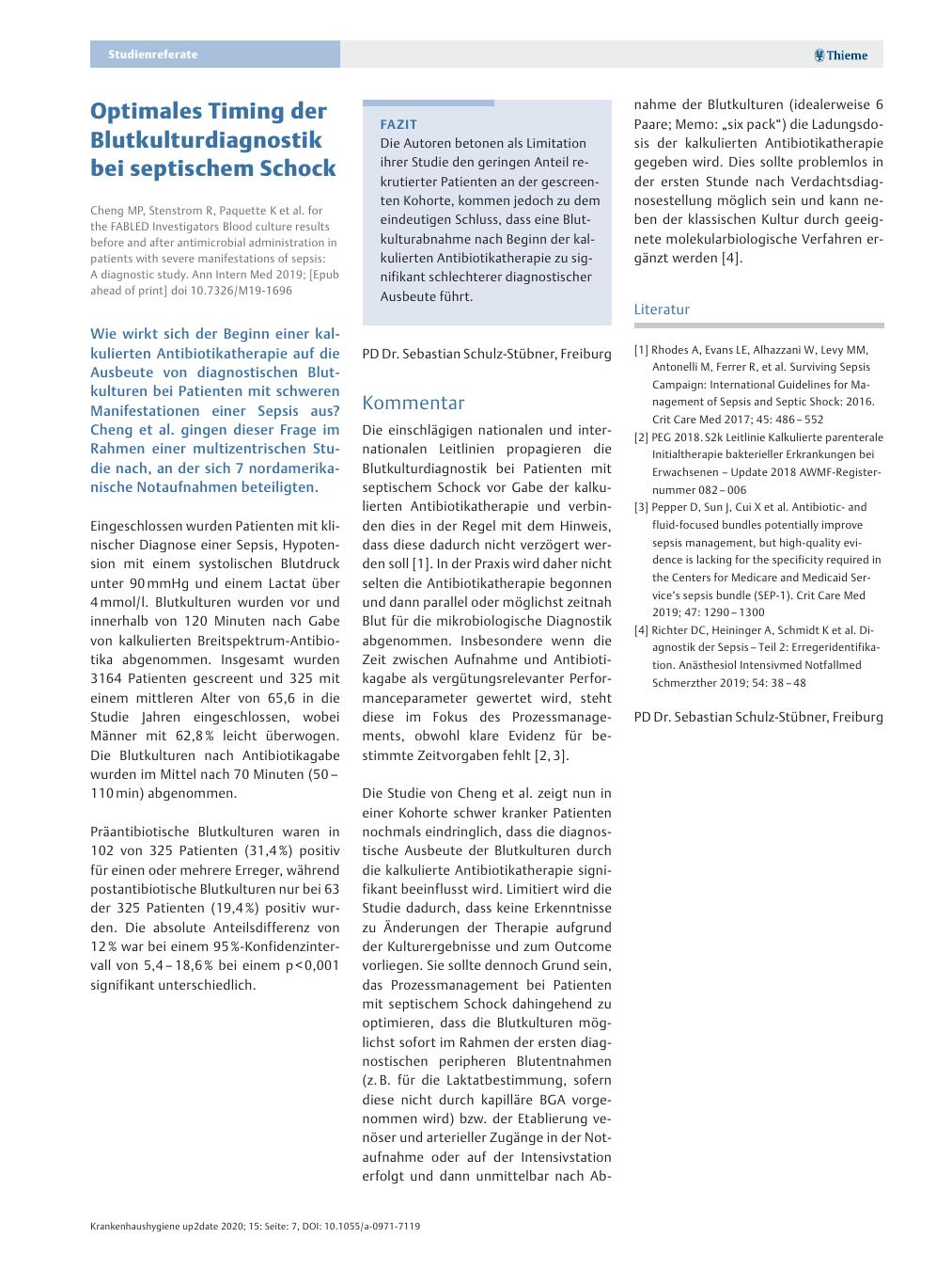 Vorschauseite 1: Optimales Timing der Blutkulturdiagnostik bei septischem Schock