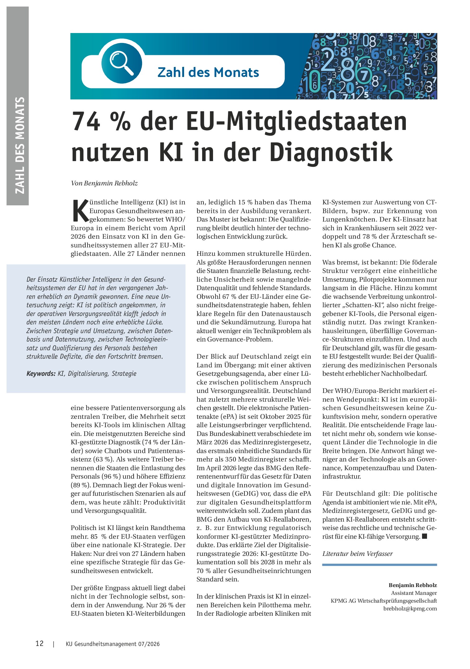 Vorschauseite 1: 74 % der EU-Mitgliedstaaten nutzen KI in der Diagnostik