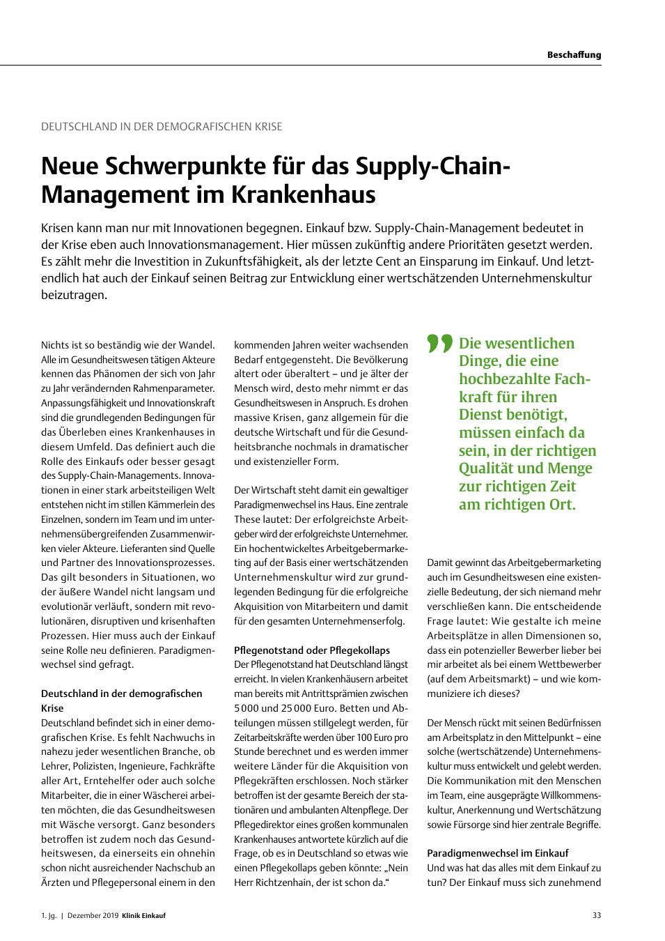 Vorschauseite 1: Deutschland in der Demografischen Krise: Neue Schwerpunkte für das Supply-Chain-Management im Krankenhaus