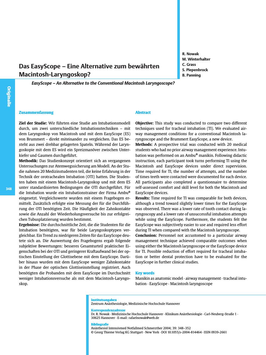 Vorschauseite 1: Das EasyScope - Eine Alternative zum bewährten Macintosh-Laryngoskop?