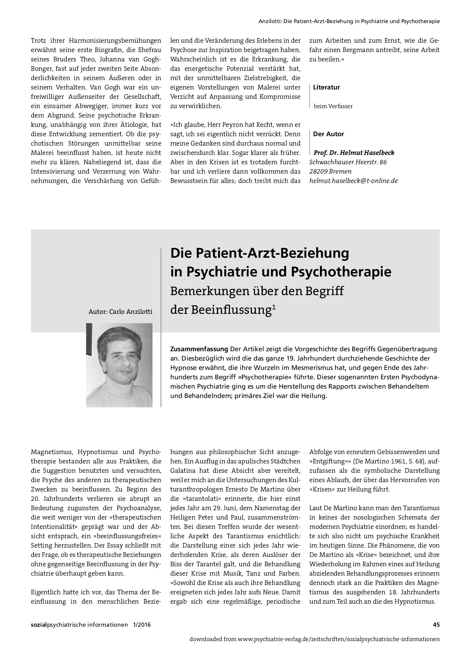 Vorschauseite 1: Die Patient-Arzt-Beziehung in Psychiatrie und Psychotherapie. Bemerkungen über den Begriff der Beeinflussung