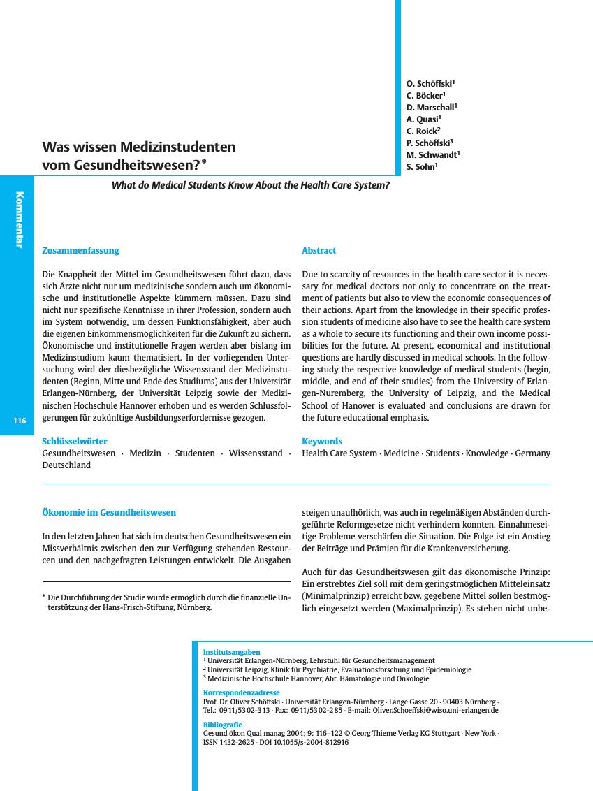 Vorschauseite 1: Was wissen Medizinstudenten vom Gesundheitswesen?