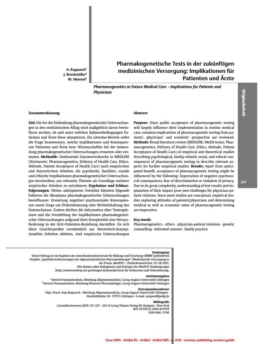 Vorschauseite 1: Pharmakogenetische Tests in der zukünftigen medizinischen Versorgung: Implikationen für Patienten und Ärzte