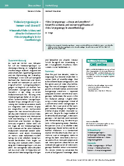 Vorschauseite 1: Videolaryngoskopie – immer und überall? Wissenschaftliche Evidenz und aktueller Stellenwert der Videolaryngoskopie in der Anästhesiologie