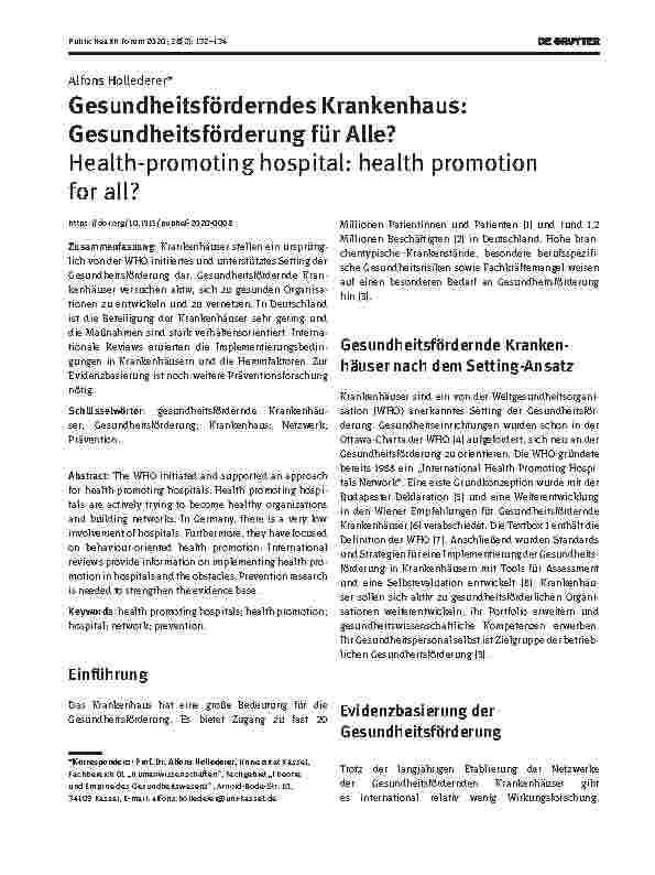 Vorschauseite 1: Gesundheitsförderndes Krankenhaus: Gesundheitsförderung für Alle?