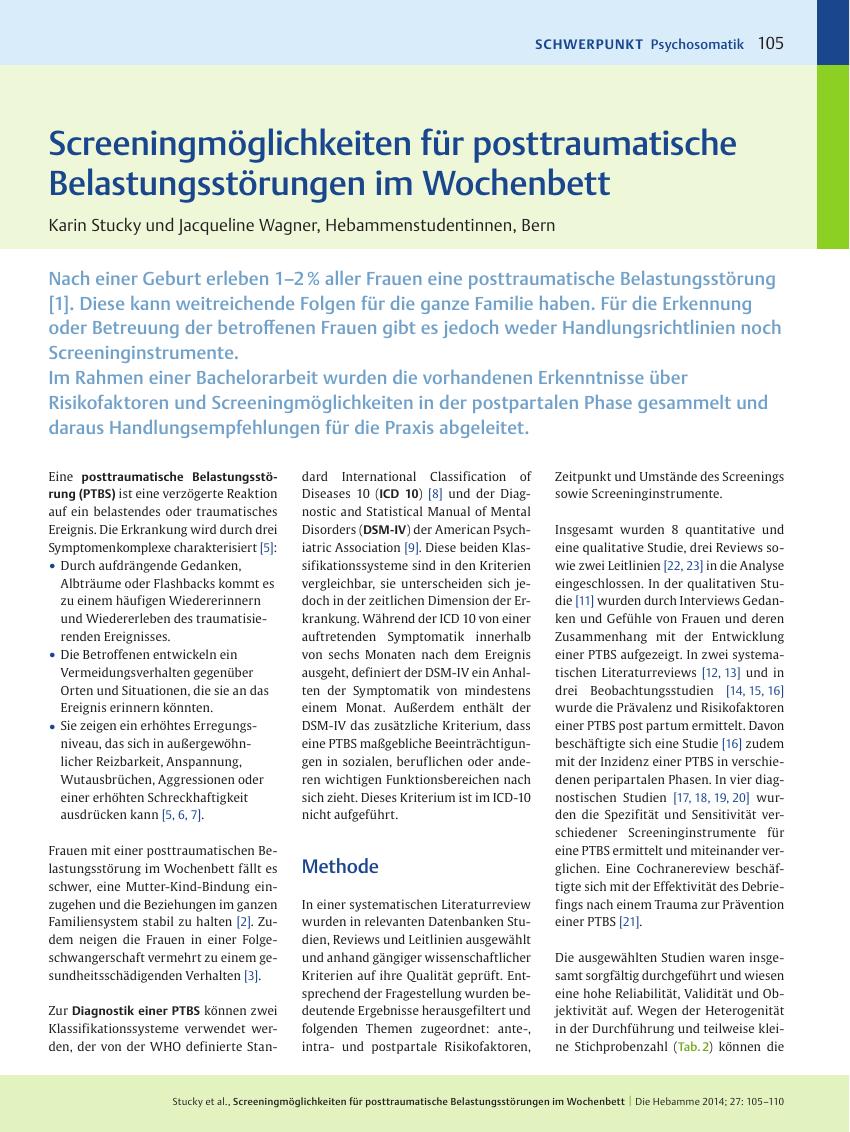 Vorschauseite 1: Screeningmöglichkeiten für posttraumatische Belastungsstörungen im Wochenbett