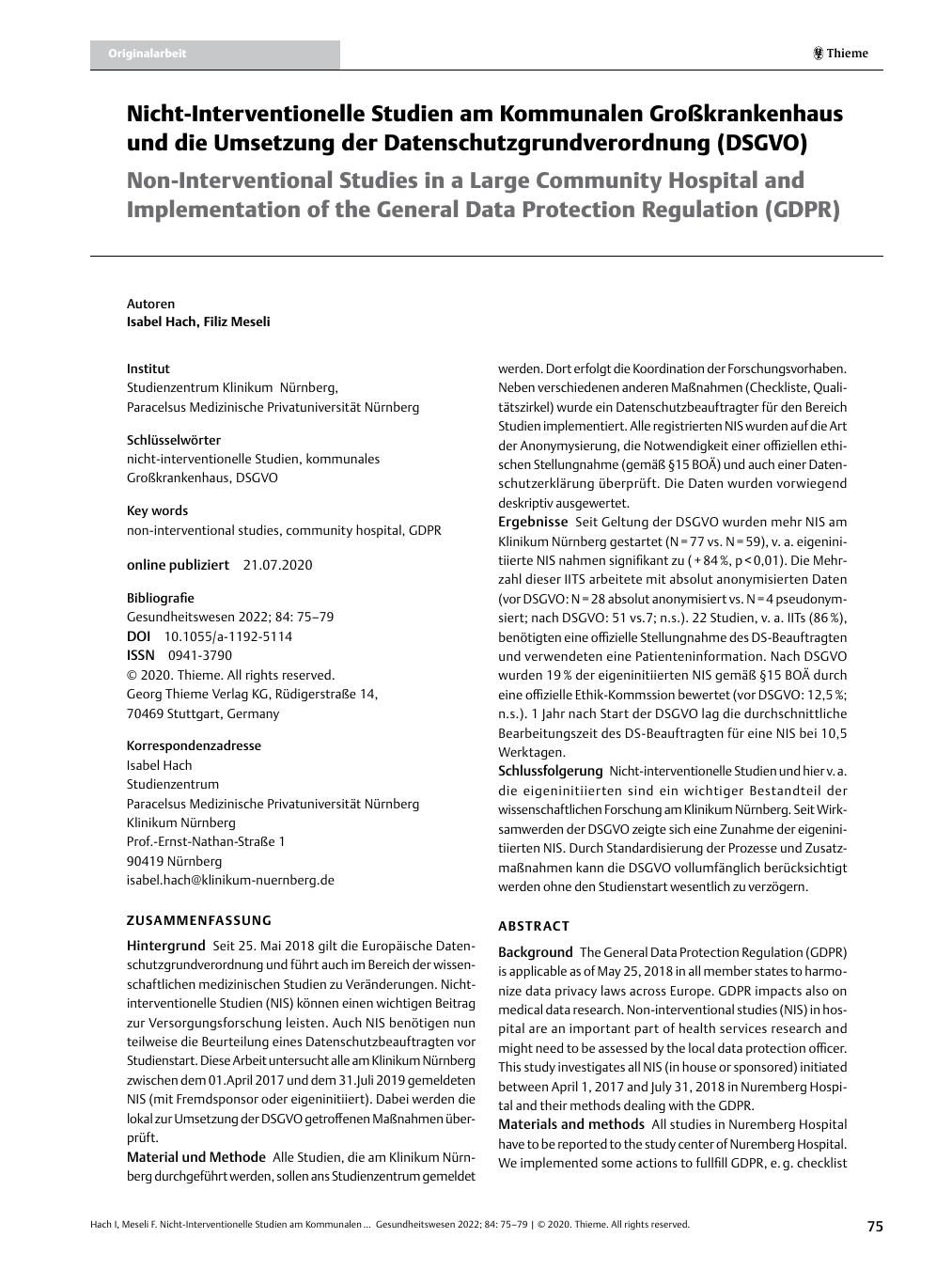 Vorschauseite 1: Nicht-Interventionelle Studien am Kommunalen Großkrankenhaus und die Umsetzung der Datenschutzgrundverordnung (DSGVO)