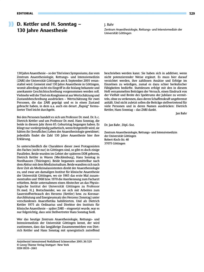 Vorschauseite 1: D. Kettler und H. Sonntag - 130 Jahre Anaesthesie