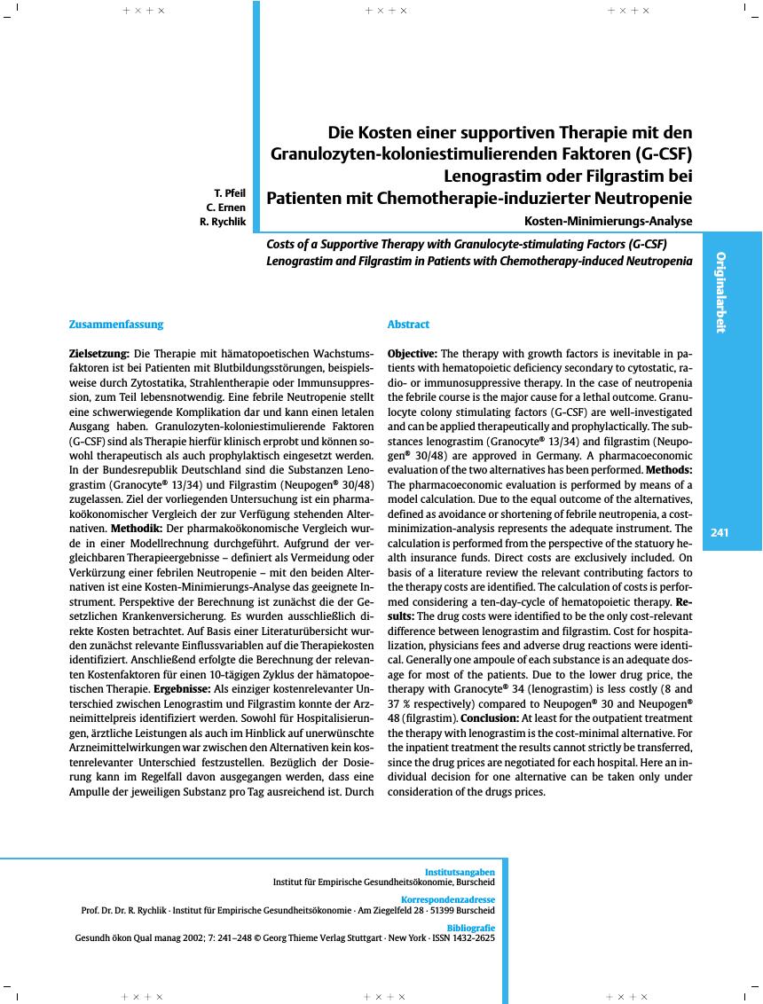 Vorschauseite 1: Die Kosten einer supportiven Therapie mit den Granulozyten-koloniestimulierenden Faktoren (G-CSF) Lenograstim oder Filgrastim bei Patienten mit Chemotherapie-induzierter Neutropen…