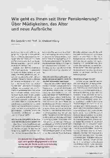 Vorschauseite 1: Wie geht es Ihnen seit Ihrer Pensionierung? - Über Müdigkeiten, das Alter und neue Aufbrüche. Ein Gespräch mit Prof. Dr. Christof Hürny