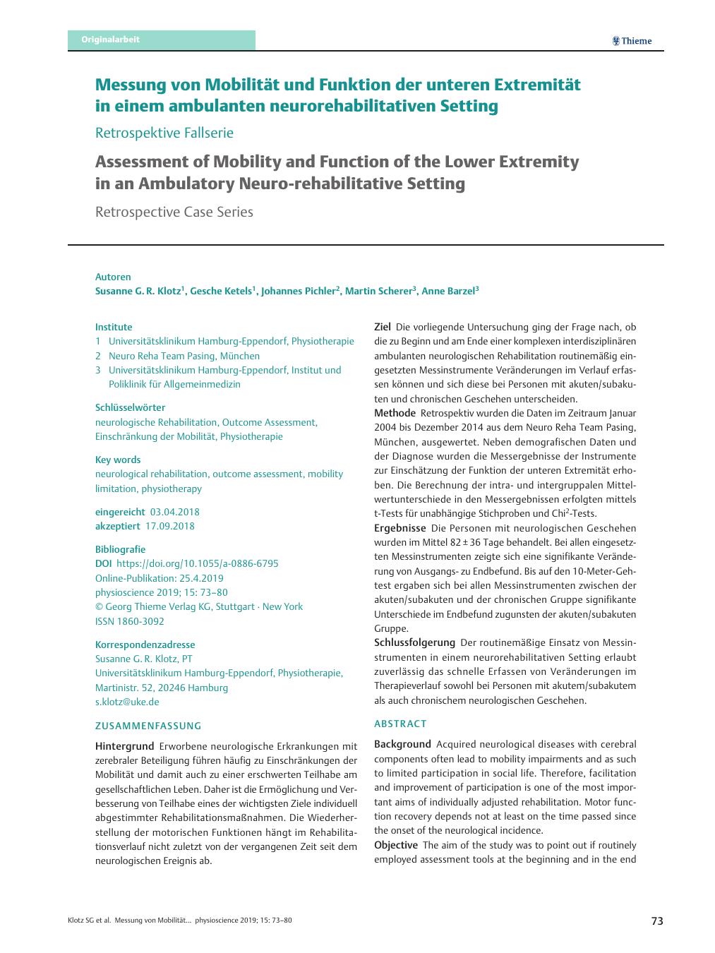 Vorschauseite 1: Messung von Mobilität und Funktion der unteren Extremität in einem ambulanten neurorehabilitativen Setting