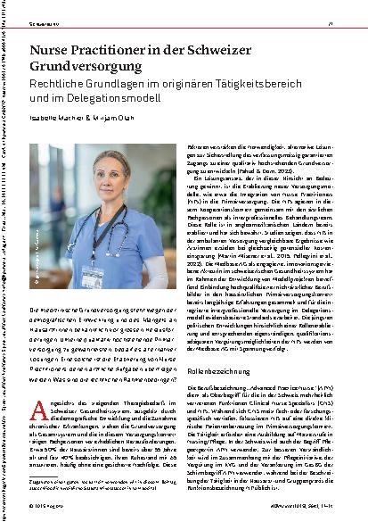 Vorschauseite 1: Nurse Practitioner in der Schweizer Grundversorgung Rechtliche Grundlagen im originären Tätigkeitsbereich und im Delegationsmodel