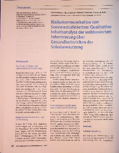 Vorschauseite 1: Risikokommunikation von Sonnenstudioketten: Qualitative Inhaltsanalyse der webbasierten Informierung über Gesundheitsrisiken der Solariumnutzung