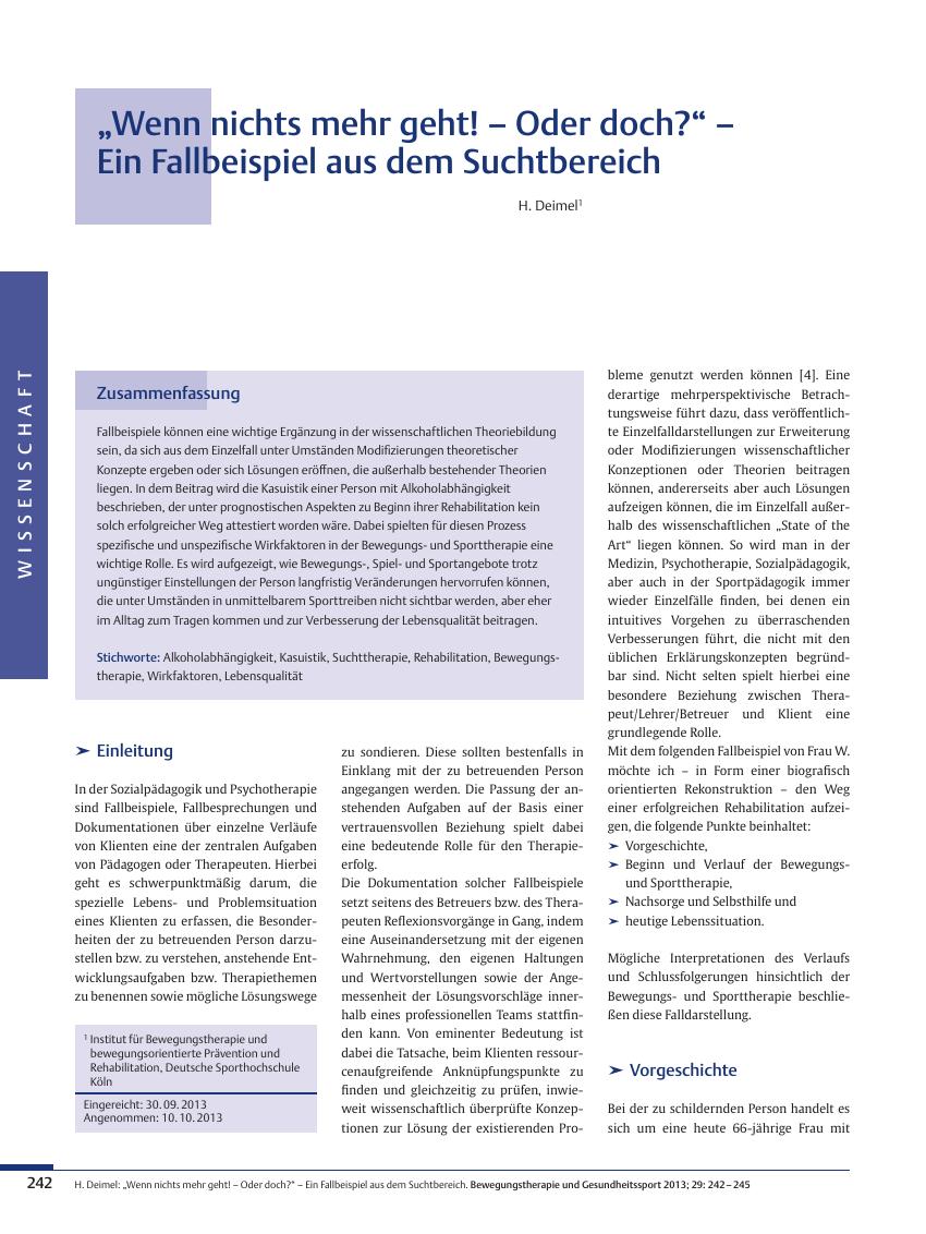 Vorschauseite 1: „Wenn nichts mehr geht! – Oder doch? “ – Ein Fallbeispiel aus dem Suchtbereich