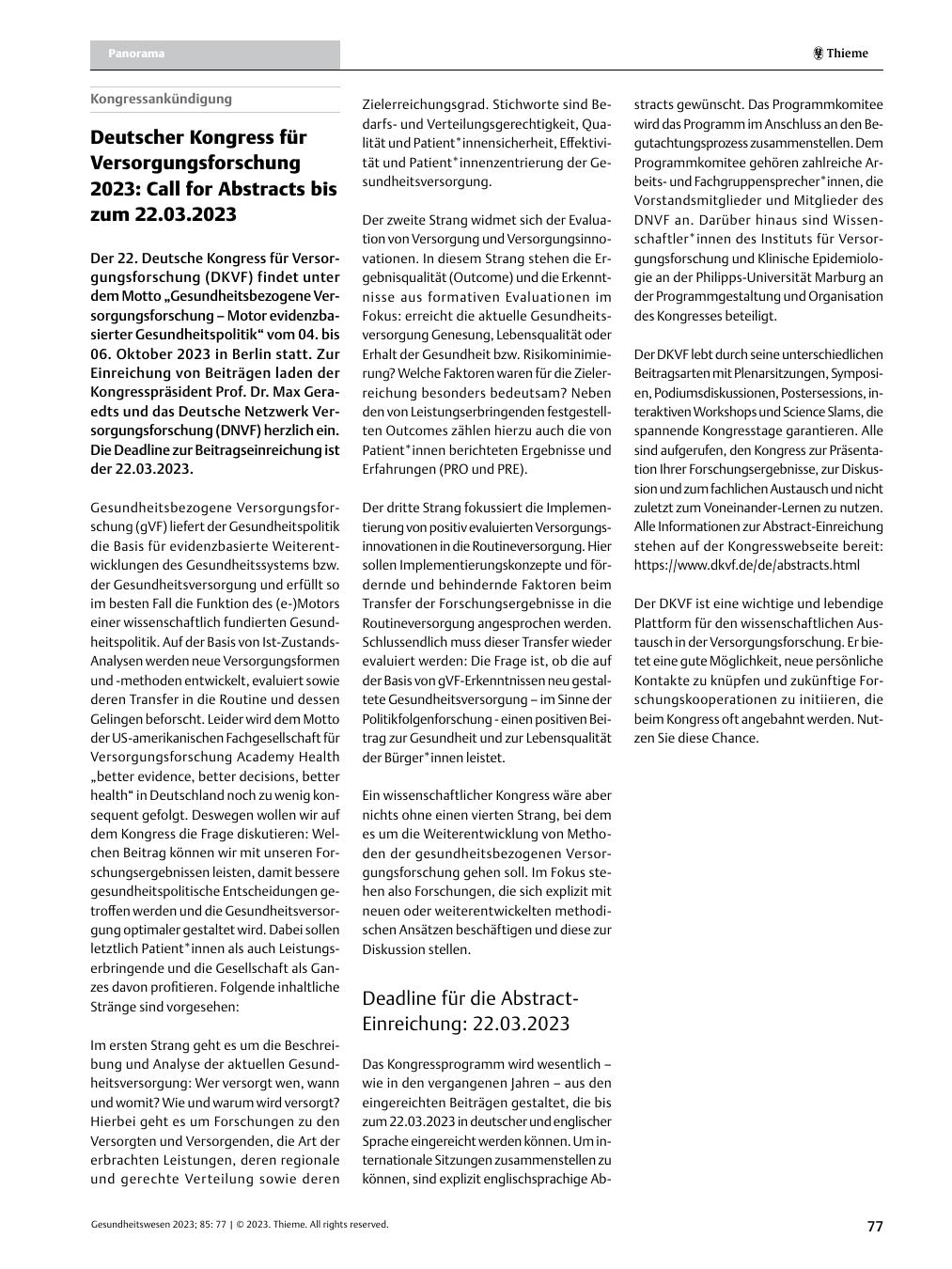 Vorschauseite 1: Deutscher Kongress für Versorgungsforschung 2023: Call for Abstracts bis zum 22.03.2023