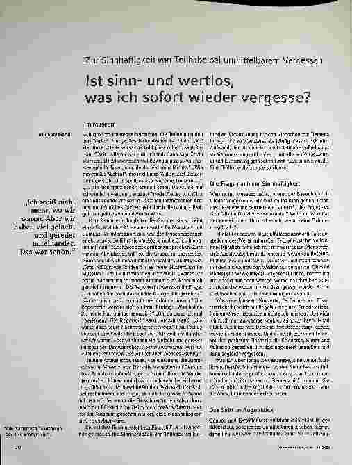 Vorschauseite 1: Zur Sinnhaftigkeit von Teilhabe bei unmittelbarem Vergessen: Ist es sinnund wertlos, was ich sofort wieder vergesse?
