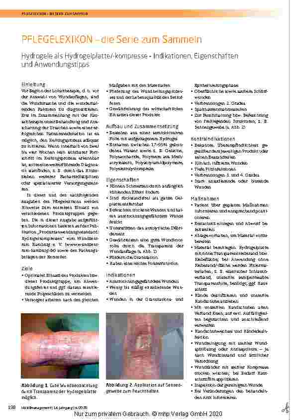 Vorschauseite 1: PFLEGELEXIKON – die Serie zum Sammeln Hydrogele als Hydrogelplatte/-kompresse – Indikationen, Eigenschaften und Anwendungstipps