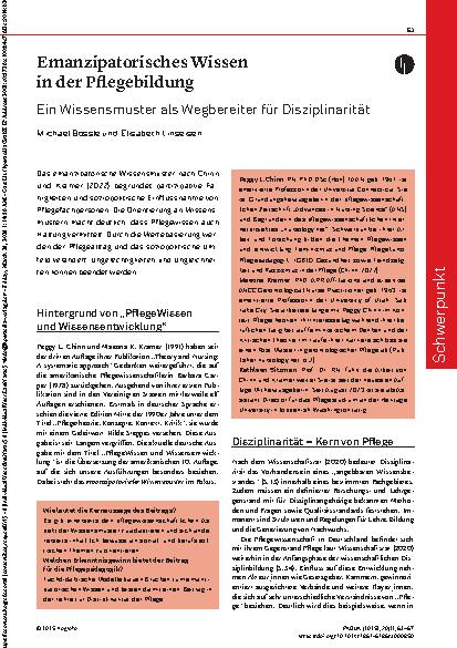 Vorschauseite 1: Emanzipatorisches Wissen in der Pflegebildung Ein Wissensmuster als Wegbereiter für Disziplinarität