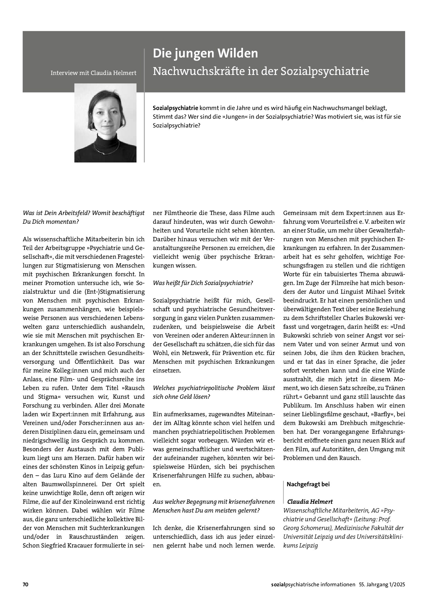 Vorschauseite 1: Die jungen Wilden. Interview mit Claudia Helmert. Nachwuchskräfte in der Sozialpsychiatrie