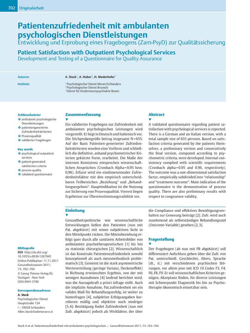 Vorschauseite 1: Patientenzufriedenheit mit ambulanten psychologischen Dienstleistungen