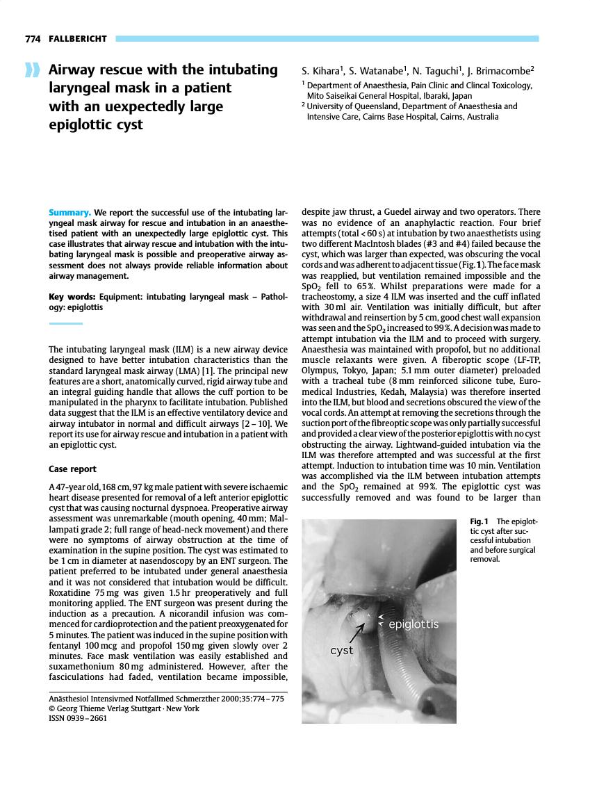 Vorschauseite 1: Airway rescue with the intubating laryngeal mask in a patient with an uexpectedly large epiglottic cyst