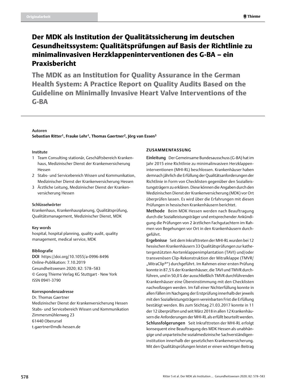 Vorschauseite 1: Der MDK als Institution der Qualitätssicherung im deutschen Gesundheitssystem: Qualitätsprüfungen auf Basis der Richtlinie zu minimalinvasiven Herzklappeninterventionen des G-BA –…