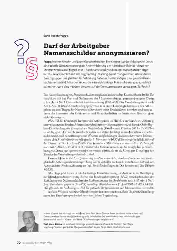 Vorschauseite 1: Darf der Arbeitgeber Namensschilder anonymisieren?
