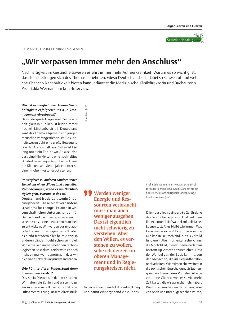 Vorschauseite 1: Klimaschutz im Klinikmanagement: „Wir verpassen immer mehr den Anschluss“