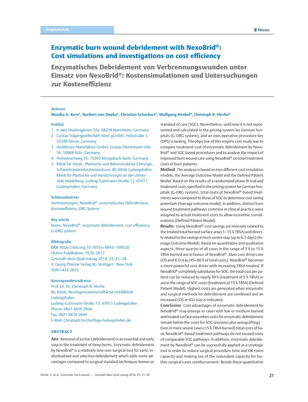 Vorschauseite 1: Enzymatic burn wound debridement with NexoBrid®: Cost simulations and investigations on cost efficiency