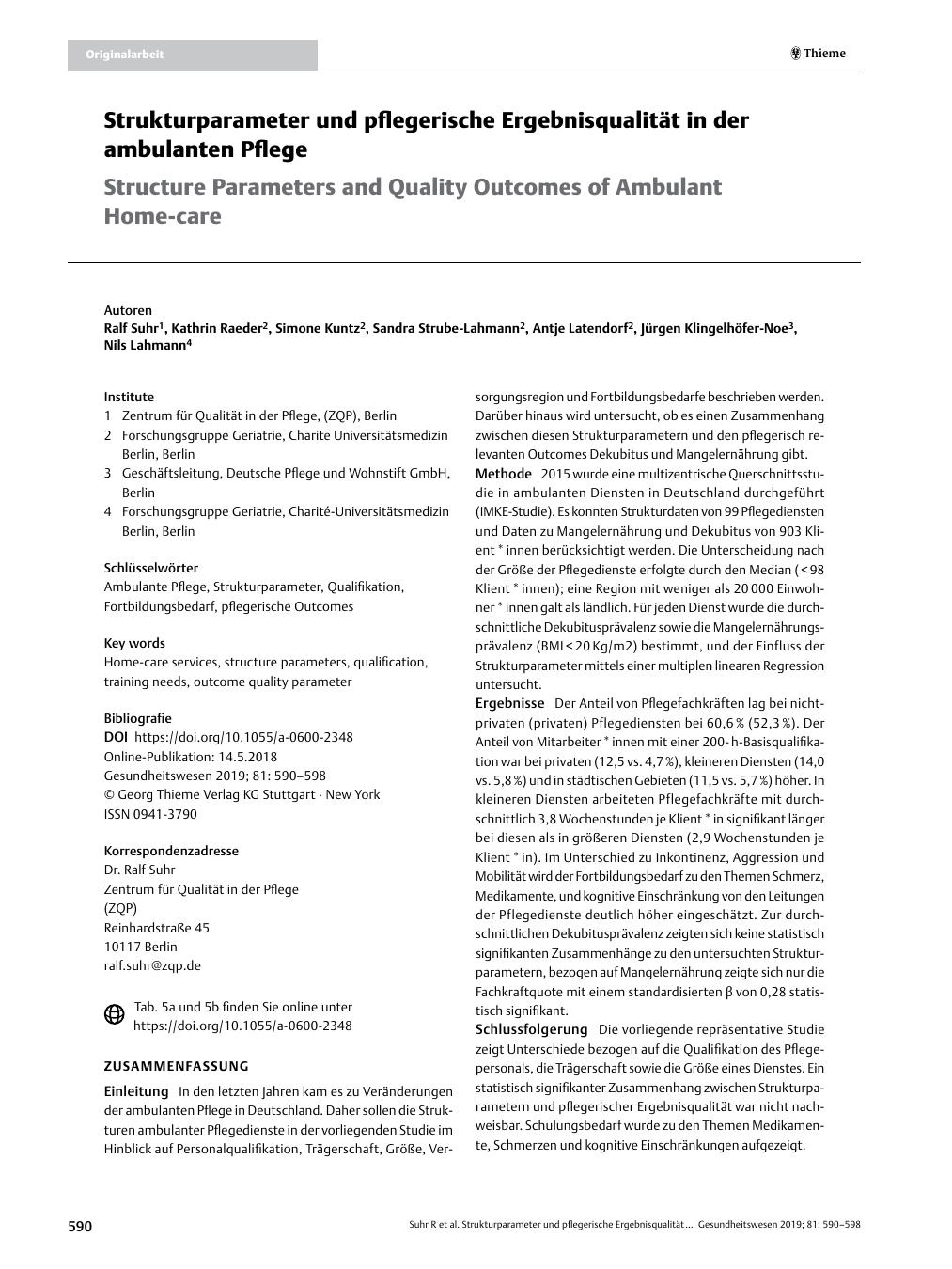 Vorschauseite 1: Strukturparameter und pflegerische Ergebnisqualität in der ambulanten Pflege