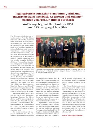 Vorschauseite 1: Tagungsbericht zum Ethik-Symposium „Ethik und Intensivmedizin: Rückblick, Gegenwart und Zukunft“ zu Ehren von Prof. Dr. Hilmar Burchardi