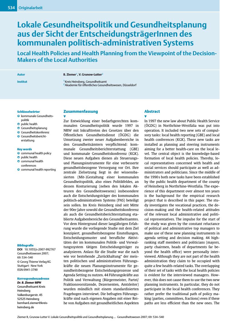 Vorschauseite 1: Lokale Gesundheitspolitik und Gesundheitsplanung aus der Sicht der EntscheidungsträgerInnen des kommunalen politisch-administrativen Systems
