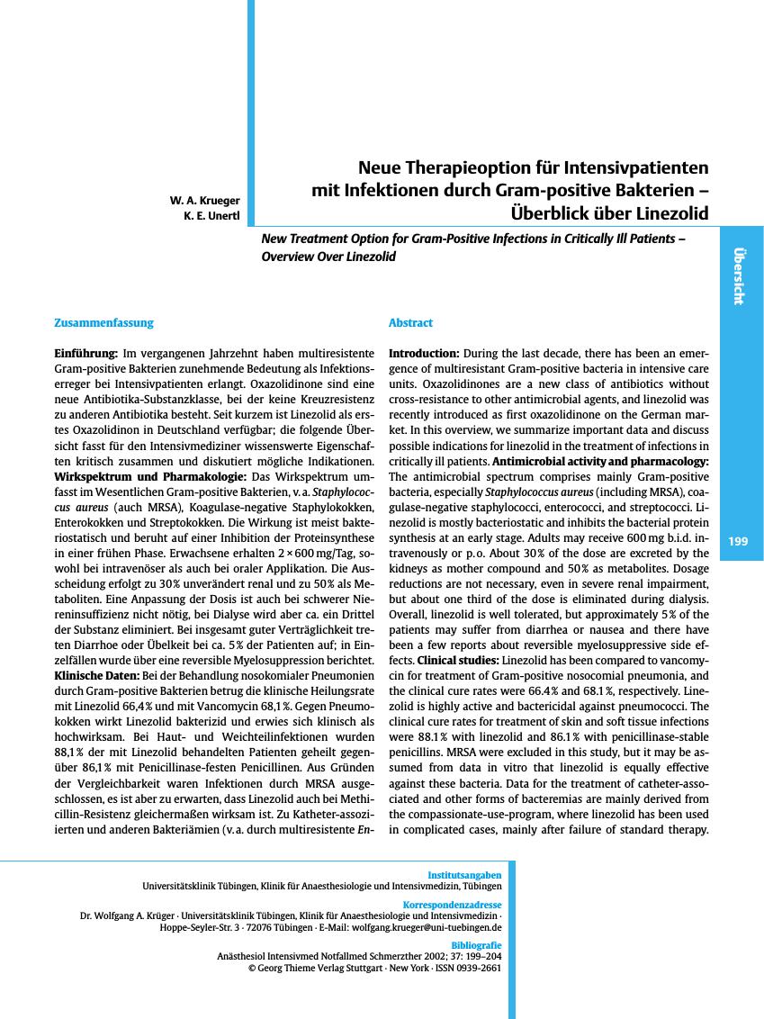 Vorschauseite 1: Neue Therapieoption für Intensivpatienten mit Infektionen durch Gram-positive Bakterien - Überblick über Linezolid