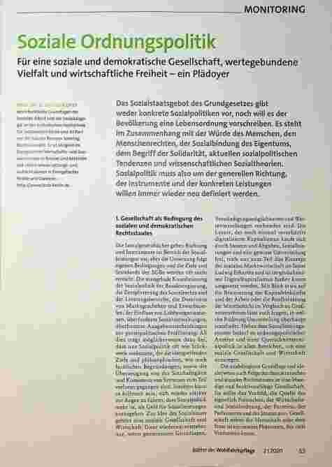 Vorschauseite 1: Soziale Ordnungspolitik für eine soziale und demokratische Gesellschaft, wertegebundene Vielfalt und wirtschaftliche Freiheit - ein Plädoyer.