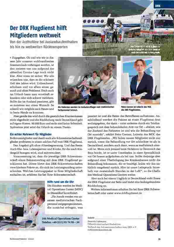 Vorschauseite 1: Der DRK Flugdienst hilft Mitgliedern weltweit. Von der Arzthotline bei Auslandsaufenthalten bis hin zu weltweiten Rücktransporten.