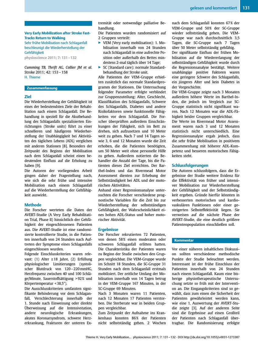 Vorschauseite 1: Very Early Mobilization after Stroke Fast-Tracks Return to Walking