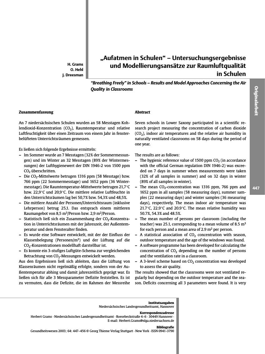 Vorschauseite 1: „Aufatmen in Schulen” - Untersuchungsergebnisse und Modellierungsansätze zur Raumluftqualität in Schulen