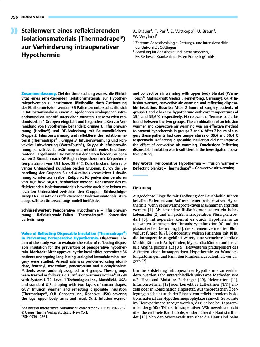 Vorschauseite 1: Stellenwert eines reflektierenden Isolationsmaterials (Thermadrape®) zur Verhinderung intraoperativer Hypothermie
