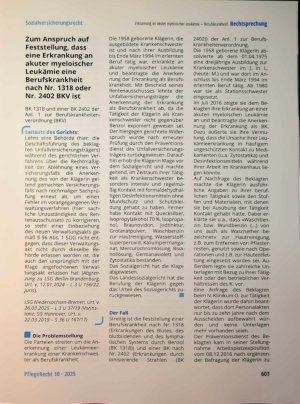 Vorschauseite 1: Zum Anspruch auf Feststellung, dass eine Erkrankung an akuter myeloischer Leukämie eine Berufskrankheit nach Nr. 1318 oder Nr. 2402 BKV ist