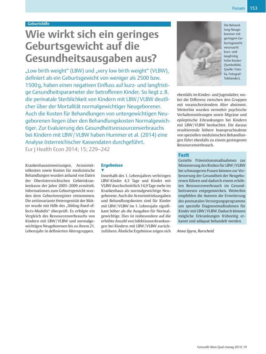 Vorschauseite 1: Geburtshilfe – Wie wirkt sich ein geringes Geburtsgewicht auf die Gesundheitsausgaben aus?