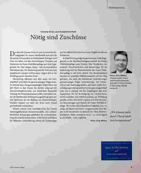 Vorschauseite 1: Corona-Krise und Sozialwirtschaft. Nötig sind Zuschüsse.