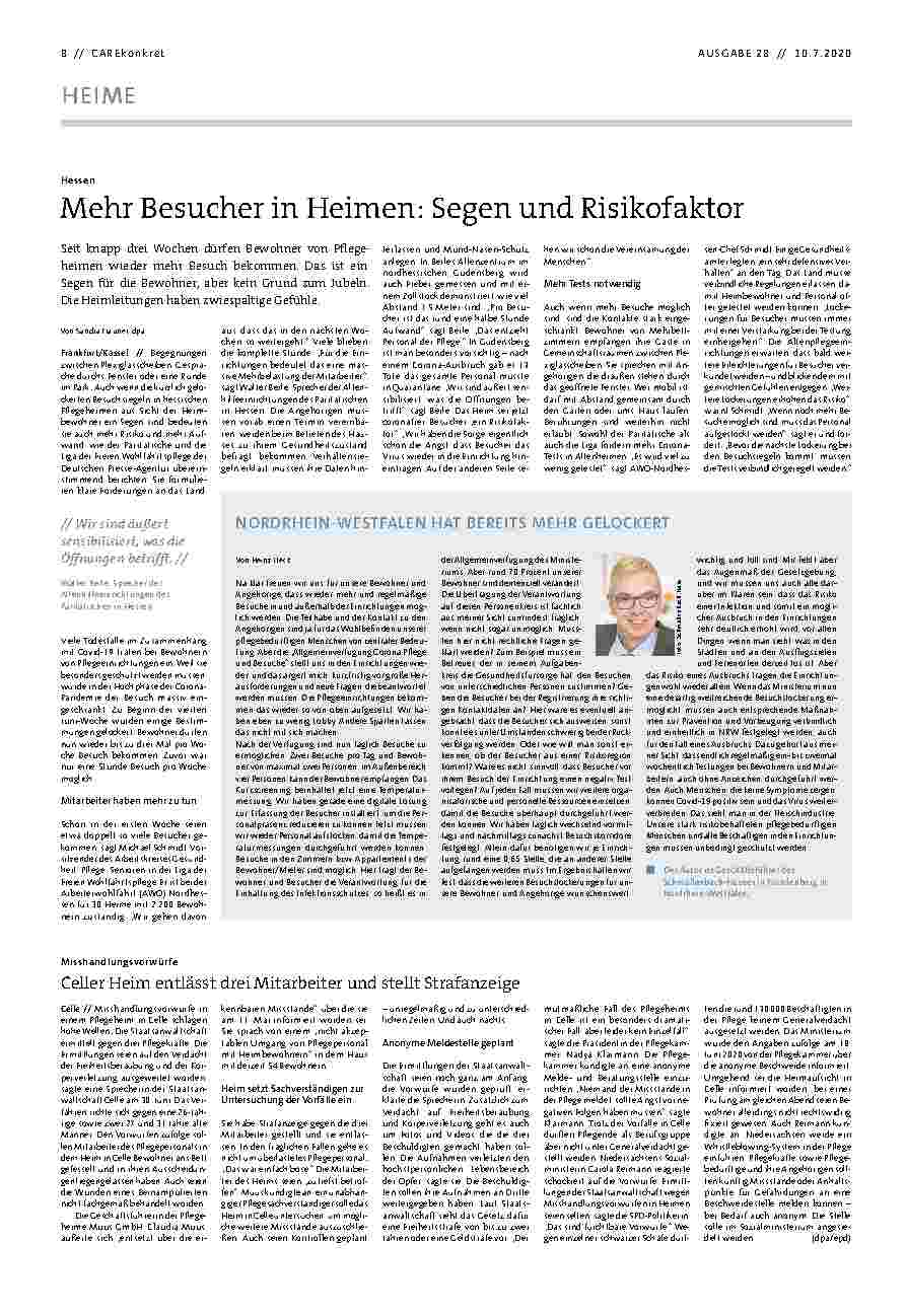 Vorschauseite 1: Mehr Besucher in Heimen: Segen und Risikofaktor