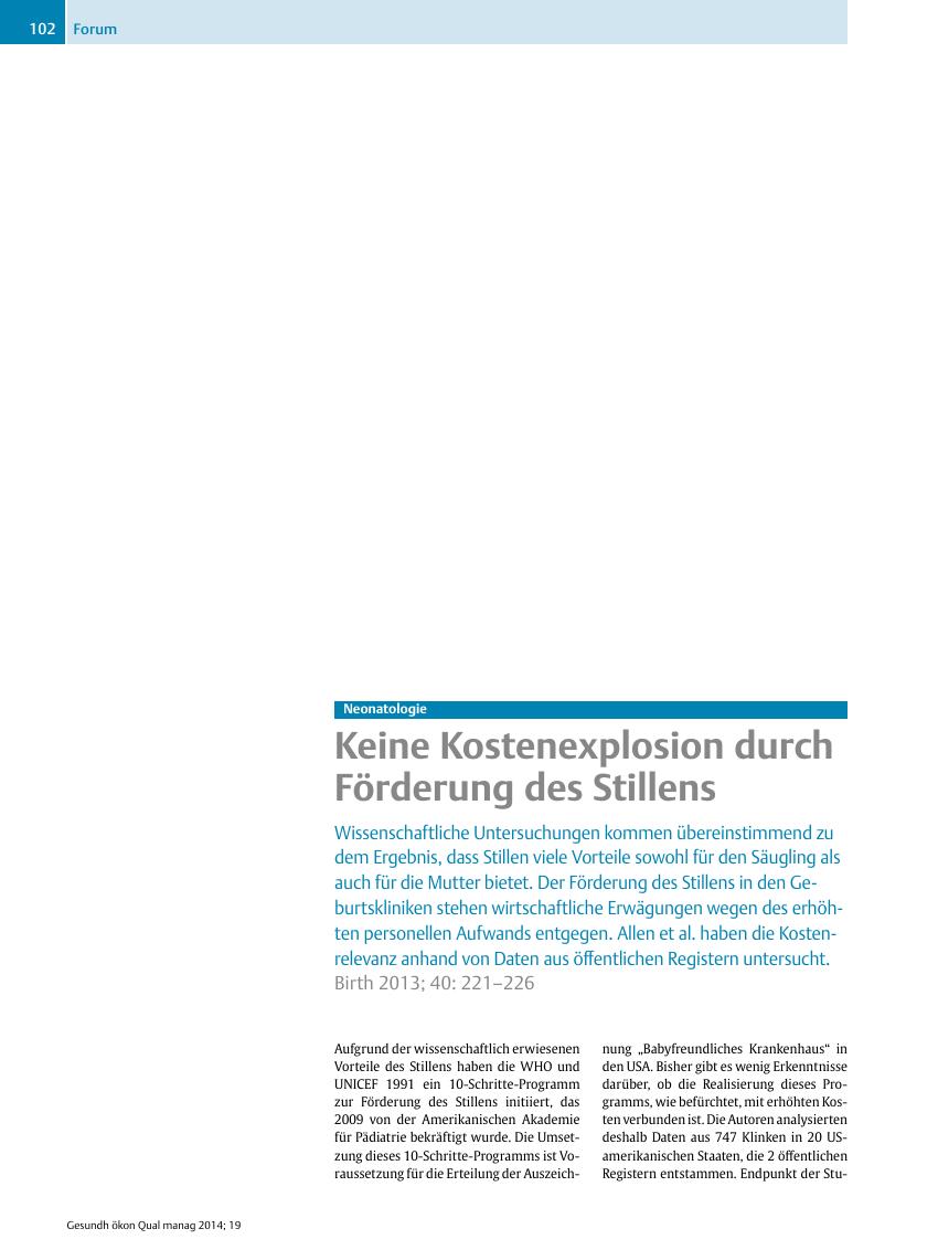 Vorschauseite 1: Neonatologie – Keine Kostenexplosion durch Förderung des Stillens