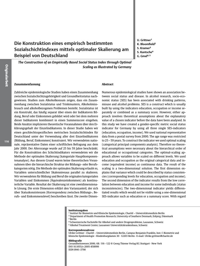 Vorschauseite 1: Die Konstruktion eines empirisch bestimmten Sozialschichtindexes mittels optimaler Skalierung am Beispiel von Deutschland