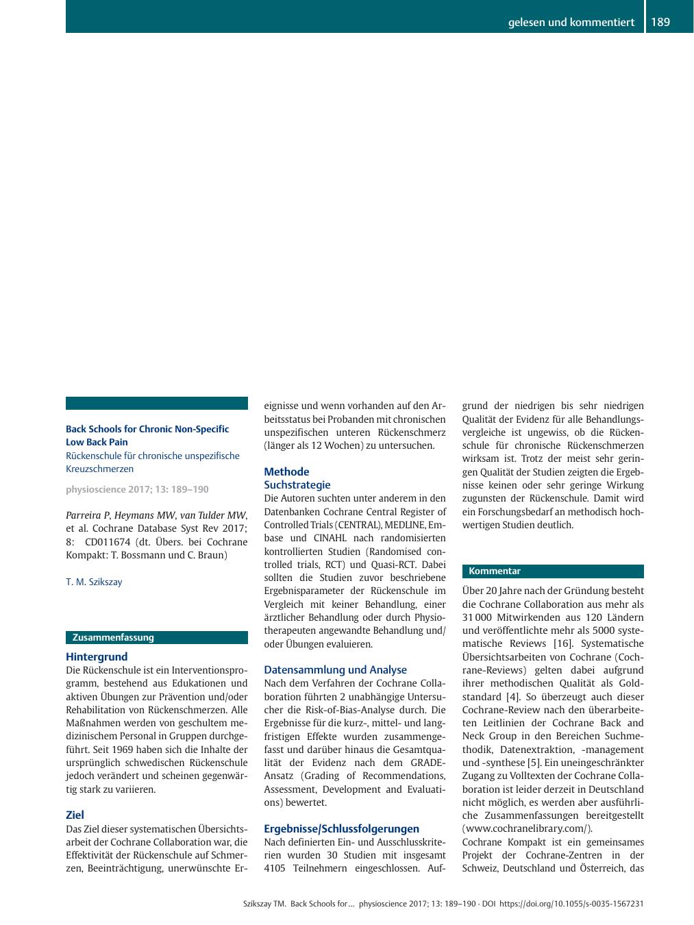 Vorschauseite 1: Back Schools for Chronic Non-Specific Low Back Pain